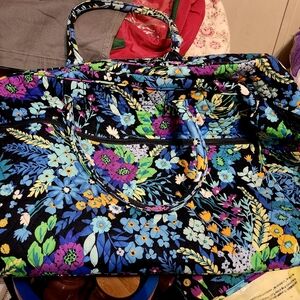 Black Floral Travel Tote Bag with Blue & Green Accents